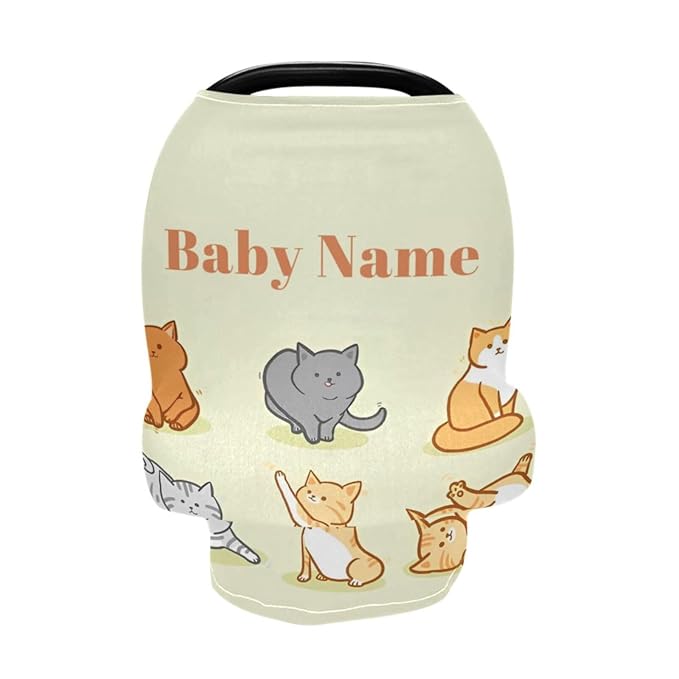 Personalized Baby Car Seat Cover for Babies, Custom Name Baby Car Seats Canopy for Girls Boys, Funny Cat Nursing Breastfeeding Stroller Covers for Infant Newborn, Shower Gift for Baby