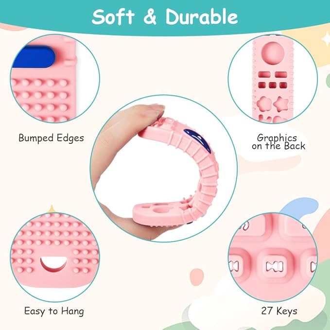 2PCS Silicone Baby Teething Toys, Remote Control Shape Teething Toys and Game Controller Teether Toy with 2PCS Pacifier Clip, BPA Free Silicone Remote Teether for Baby 3+ Months,Frozen(Bule&Pink)