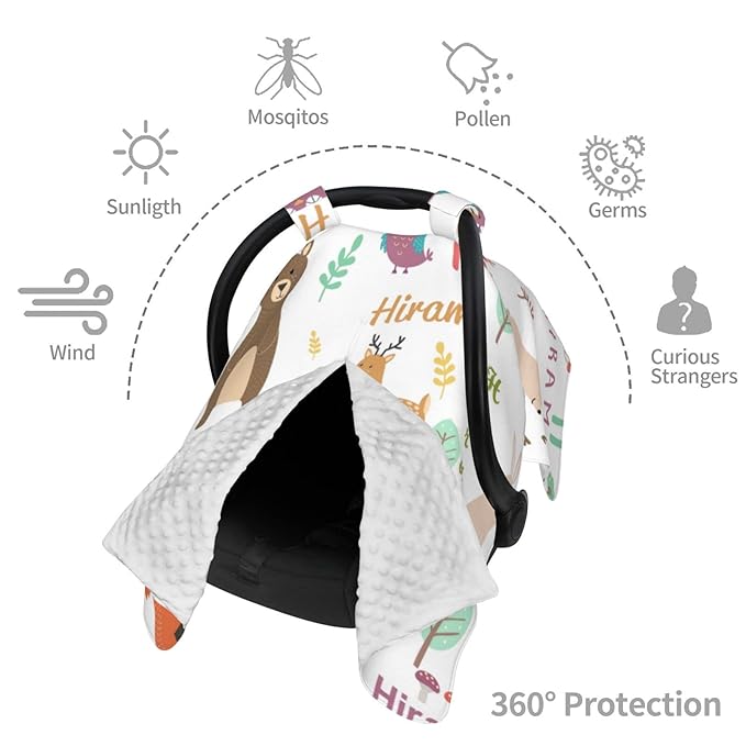 Personalized Name Car Seat Covers for Babies, Peekaboo Opening Car Seat for Baby Boys Girls, Multi Use Mom Nursing Breastfeeding Covers, Minky Carseat Canopy for Newborn Infant, Cute Animal