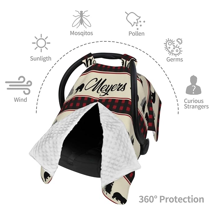 Custom Baby Car Seat Canopy for Babies with Name, Personalized Woodland Bear Baby Car Seats Covers for Boys, Opening Minky Nursing Breastfeeding Stroller Cover Infant Carseat Canopies for Newborn