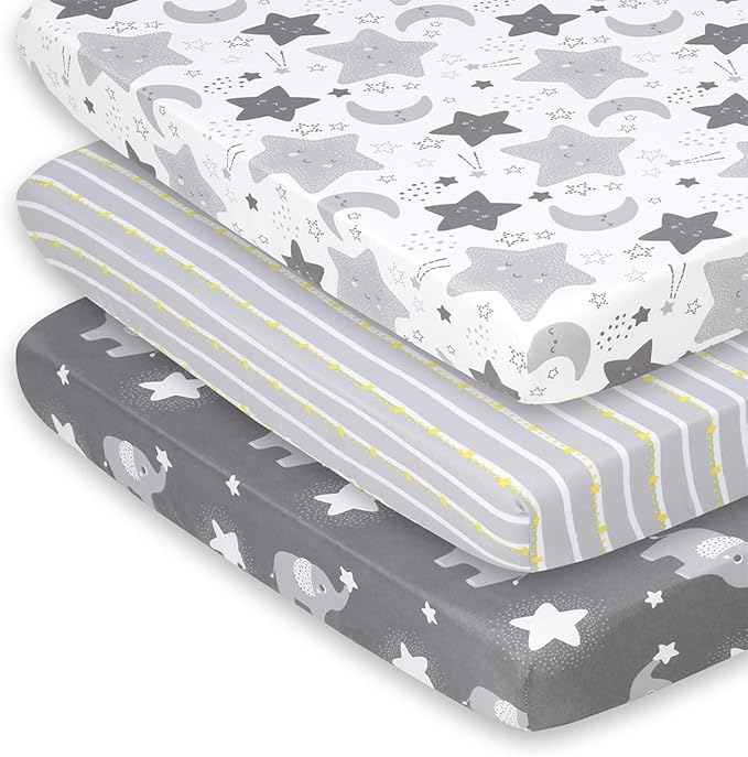 The Peanutshell Mini Crib Fitted Sheets Set, Playard, Pack Play Sheets, Playpen, Elephant Stars