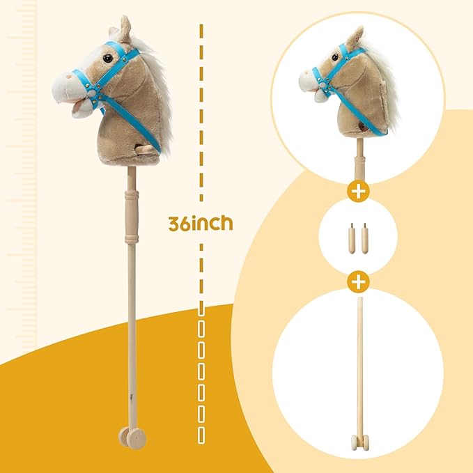 HollyHOME Stick Horse Plush Handcrafted Hobby Horse on a Stick with Wood Wheels Real Pony Neighing and Galloping Sounds for Kids Toddlers Beige 36 Inches(AA Batteries Required)