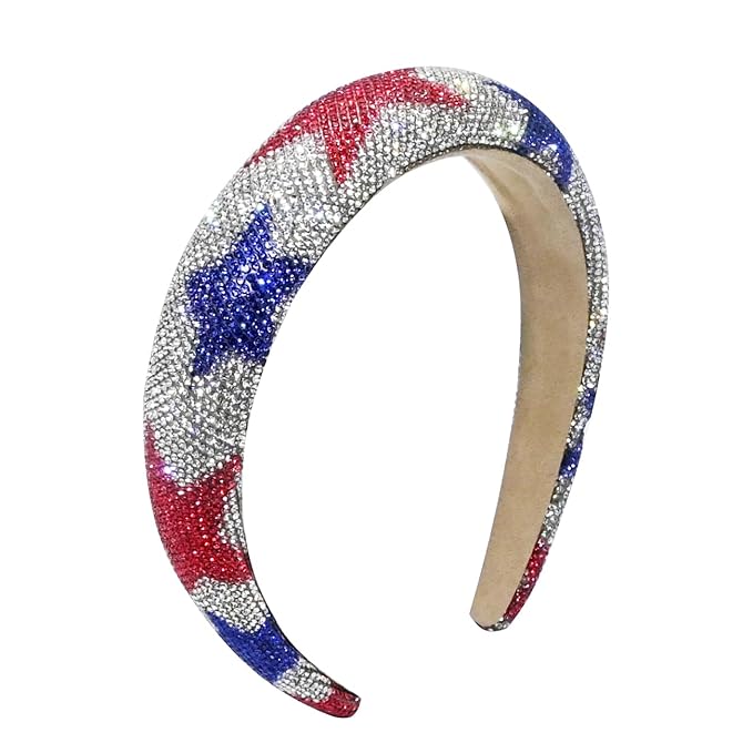 4th of July Rhinestone Headbands for Women Girls Padded Hairband for Girls Red Blue Star Rhinestone Sparkle Head Band Patriotic Hair Accessories