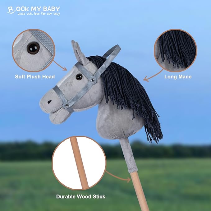 ROCK MY BABY Hobby Horse Plush Stuffed Stick Horse with Award Ribbon for Boys and Girls 3+ Fun Toys for Pretend Play (Gray) CPC Certified