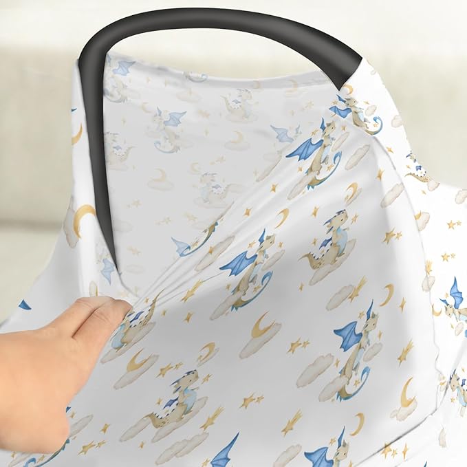 Fantasy Dragon Car Seat Cover for Baby Fairytale Dragons Moon Stars Clouds Trees Stretchy 5-in-1 Cover Adjustable Car Canopy Cover Myth Animal Breathable Nursing Cover-Up