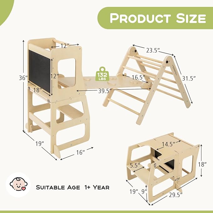 Olakids Pikler Triangle Set 8 in 1 Climbing Toys for Toddlers Foldable Wood Montessori Jungle Gym with Toddler Tower Angle Adjustable Ladder Ramp Slide Indoor Kids Playground Climber