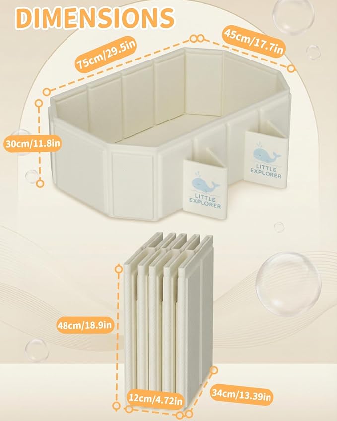 Foldable Baby Bathtub for Ages 0–6, Toddler Bath Tub for Shower, Collapsible Kids Bathtub with 4 Support Legs, Anti-Slip Bottom & Dual Drain Holes, Portable Travel Bath, Easy Storage (Off-White)