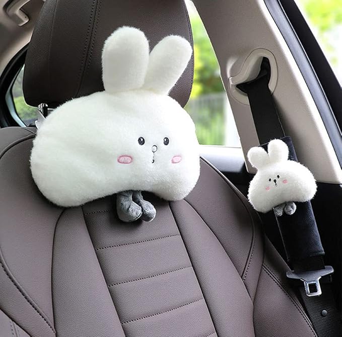 2 Pack Cute Cartoon Bunny Soft Seat Belt Covers Should Pad Neck Cushion Cute Car Accessories for Women Girls - White Bunny