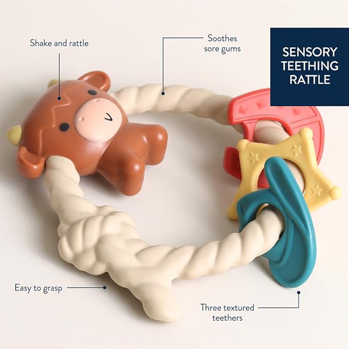 Itzy Ritzy Silicone Teether with Rattle – Rattle Teether Features Rattle Sound, Three Silicone Teething Rings and Raised Texture to Soothe Gums – Ages 3 Months and Up (Highland Cow)