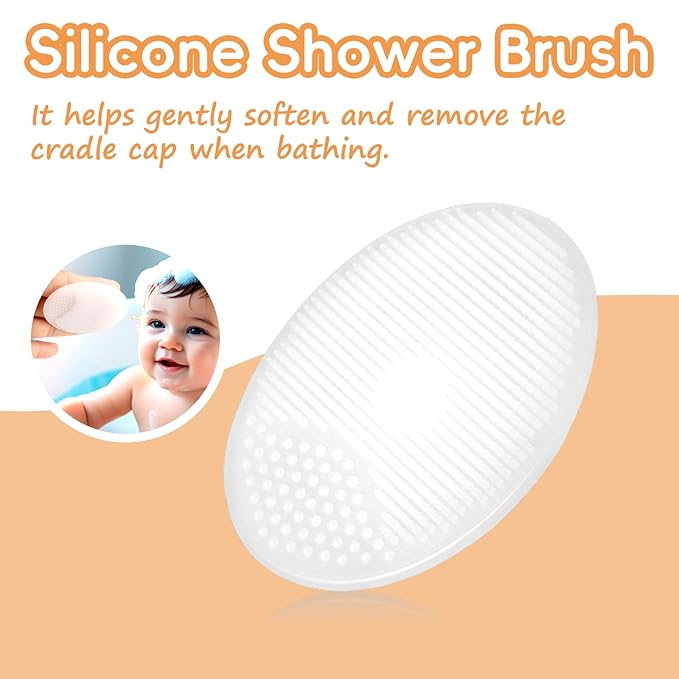 Baby Hair Brush, 2PCS Wooden Goat Bristles Hair Brush with Silicone Hair Scrubber Cradle Cap Brush for Newborn, Toddler, Boys, Girls Perfect Scalp Grooming Product (White)