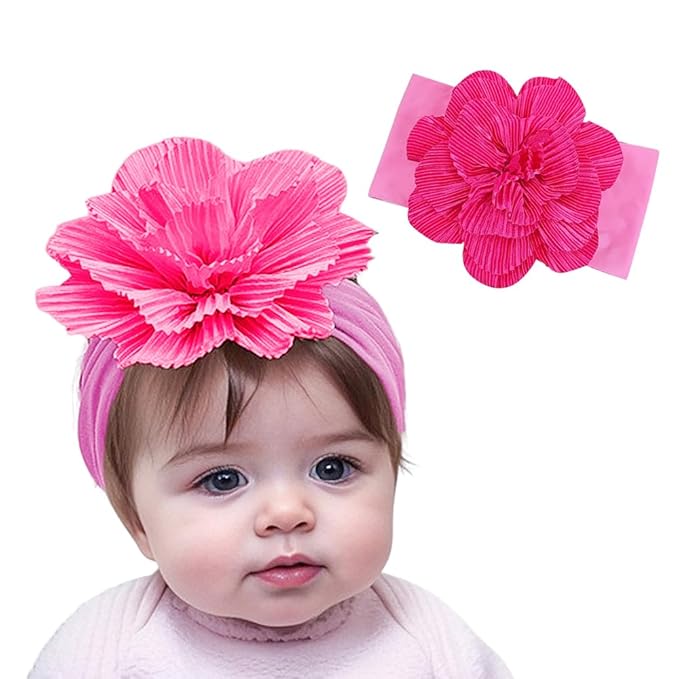 Large Flower Elastic headband for Baby Girl Infant Soft Fabric Chiffon Floral Hairband Toddler Newborn Christening Baptism Hair Accessories (Flower 1 - Rose Pink, Elastic)