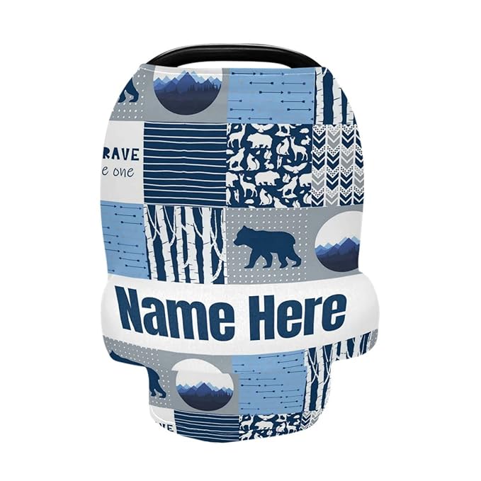 Personalized Woodland Bear Blue Baby Car Seat Cover for Babies with Name, Custom Baby Car Seats Canopy for Boys Girls, Nursing Breastfeeding Stroller Covers Infant Car Seat Blanket for Newborn