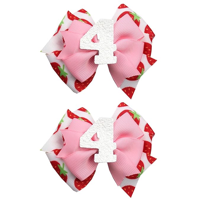 Birthday Hair Bow for Baby Girls - 2Pcs Pink Strawberry Hair Clips for 4th Birthday Baby Bow Party Decorations for Girls Toddlers Hair Accessories