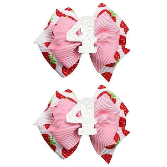 Birthday Hair Bow for Baby Girls - 2Pcs Pink Strawberry Hair Clips for 4th Birthday Baby Bow Party Decorations for Girls Toddlers Hair Accessories