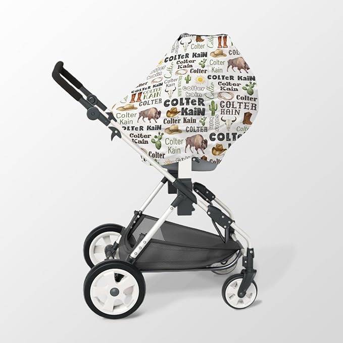 Personalized Baby Car Seat Cover Stroller Canopy: Custom Name Newborn Baby Boy Girl Elastic Cowboy Nursing Cover for Moms First Birthday Gift Animals(one Size)