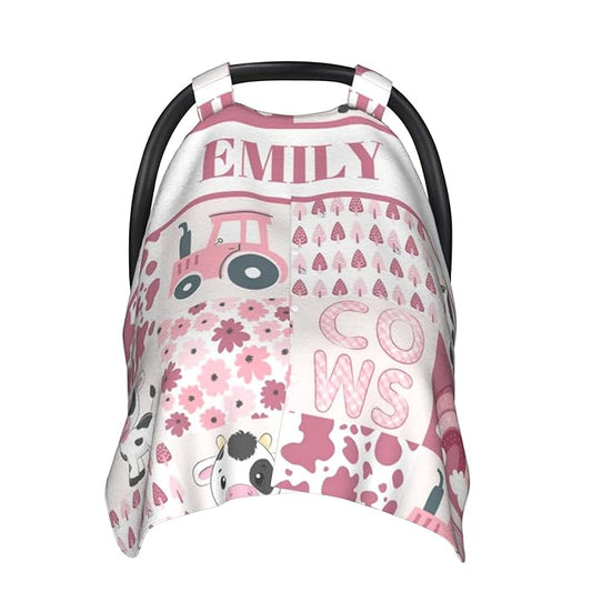 Personalized Baby Car Seat Canopy for Girls, Custom Name Baby Car Seats Covers for Babies, Opening Minky Nursing Breastfeeding Stroller Cover Infant Carseat Canopies for Newborn (Cute Cow Pink)