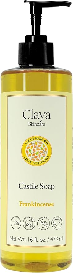 Claya Liquid Castile Soap – Organic Ingredients, Biodegradable, Gentle for Sensitive Skin and Versatile Use (16 fl oz (Pump Cap), Frankincense)