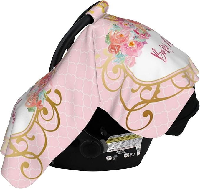 Personalized Flowers Crown, Customization Peekaboo Opening Carseat Canopy for Newborn, Breastfeeding Nursing, with Name Infant Toddler Blanket
