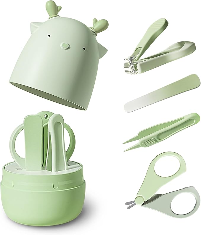 4-in-1 Baby Nail Care Set 02 – Safe Nail Clipper, Scissors, File & Tweezer with Cute Deer Case – Mild & Safe Manicure Pedicure Set for Newborns, Babies & Little Kids – Green