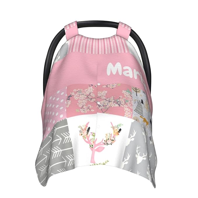 Personalized Baby Car Seat Canopy for Babies with Name, Custom Car Seat Covers for Girls, Infant Opening Minky Nursing Breastfeeding Stroller Cover Carseat Canopies for Newborn (Floral Deer Pink)