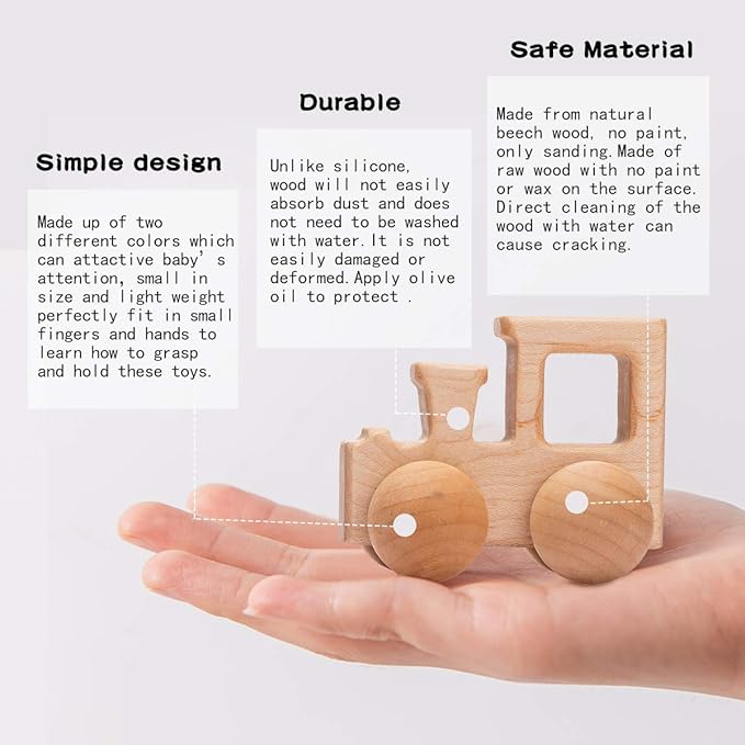 Promise Babe Wooden Rattle Push Car Toys Set - Infant Wooden Rattles, Hand Push Cars, Montessori Natural Wood Toys for Newborn