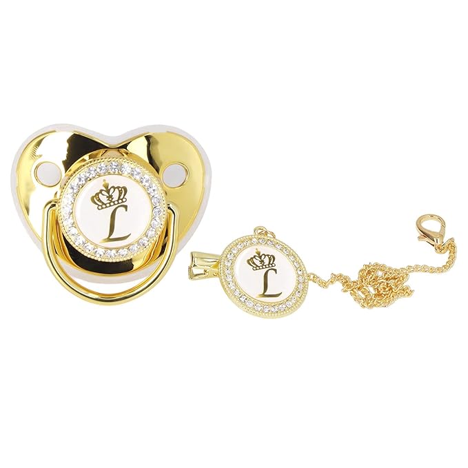 Luxury Golden Letter Baby Pacifier Set with Personalized Bling Design, Clips, Anti-Dust Cover for Newborn Photography, Size L