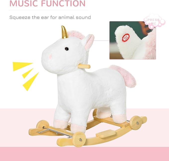 Qaba Rocking Horse, 2 in 1 Kids Ride on Horse, Rolling Unicorn Animal Rocker with Sound, Wooden Base, Pedal, Grip Handle, Plush Riding Pony for 3-6 Years Old, White