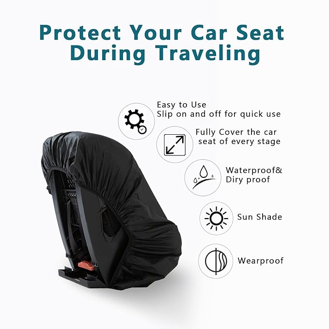 Car Seat Cover for Air Travel, Car Seat Travel Bag for Gate Check, Sun Shade, Waterproof, Dustproof & Abrasionproof, Covers and Blocks Out Heat & Sun| Baby Travel Accessories (Black)