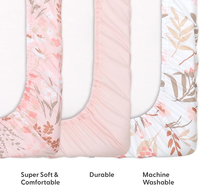 The Peanutshell 3 Pack and Play Crib Sheets Fitted - Universal Pack N Play Sheets for Pack and Play Mattress, Soft & Breathable Playard Bedding for Graco, Mini Crib Sheets Girl Fitted, Pink Floral