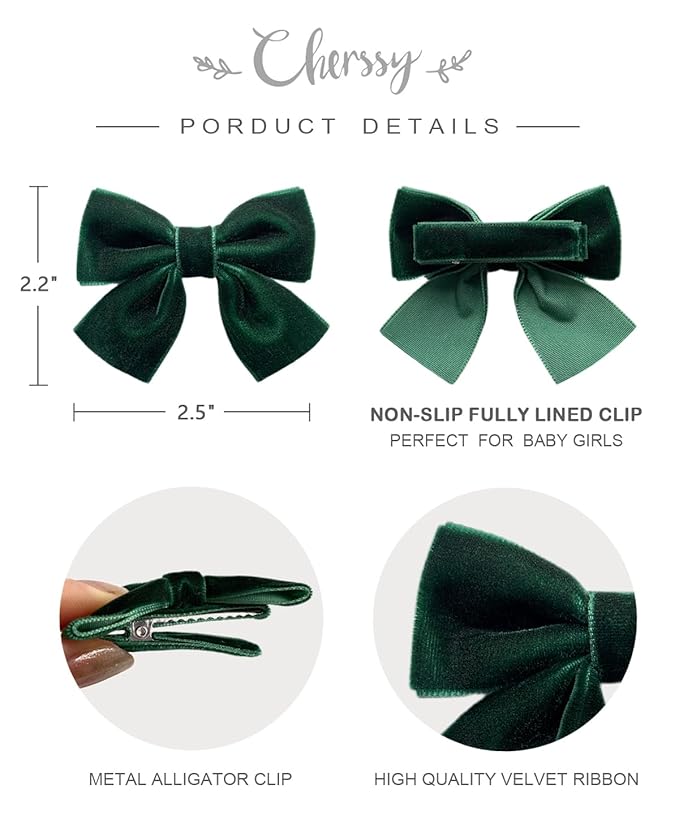 Cherssy Velvet Hair Bow Clips for Little Girls, 10pcs Boutique Fully Lined Hair Barrettes Accessories for Baby Infants Toddlers School Girls