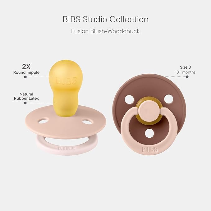BIBS Colour Studio Pacifier 2-Pack, BPA Free, Round Nipple. Natural Rubber Latex, Made in Denmark, Size 3 (18+ Months) - Blush/Woodchuck