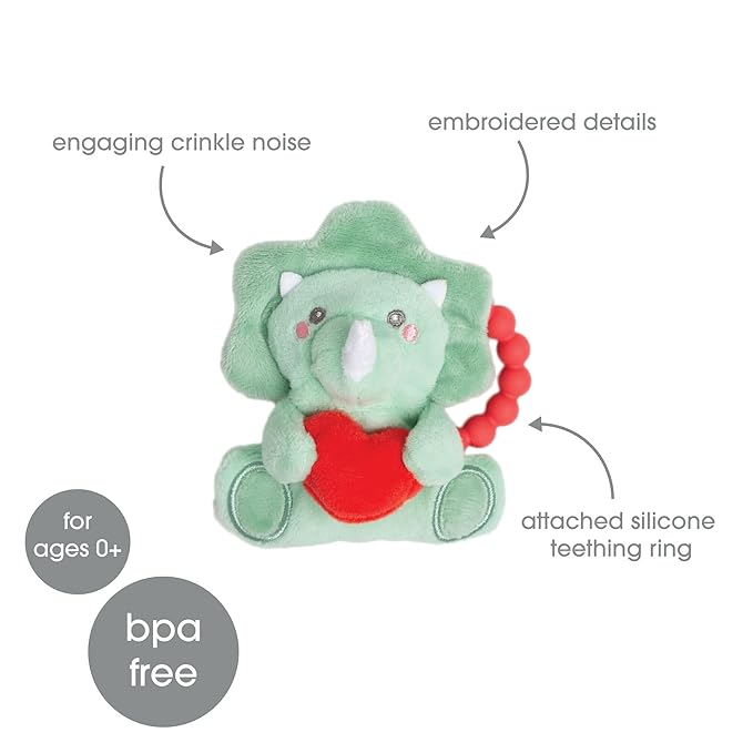 Pearhead Dinosaur Baby Teether – BPA-Free Silicone Teething Ring, Soft Crinkle Sensory Rattle, Dino Baby Gift for Boys and Girls, Infant Gum Soother for Newborns 0+ Months