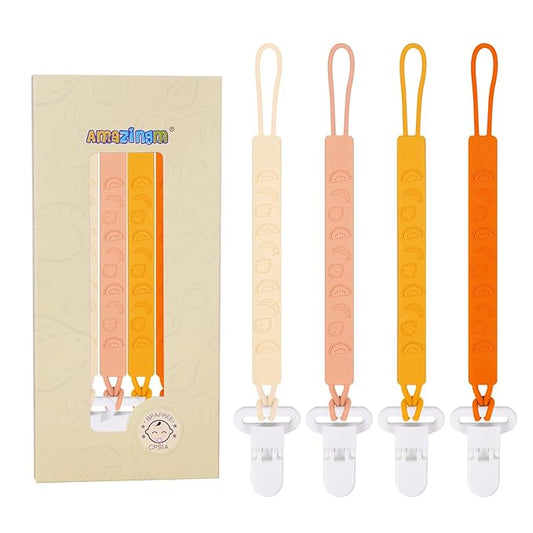 One Piece Design Silicone Pacifier Clip Holder for Baby Boys and Girls,Pack of 4 Flexible Paci Leash,Binky Clips,Newborn Essentials (Fruits, Yellow)