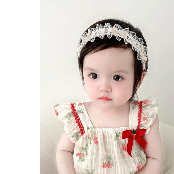 Baby Girls Hairband White Bow Lace Headbands Handmade Soft Stretchy Bowknot Hairbands Newborn Headband with Bows Pearls Elastic Head Band for Newborn Infant(Lace Beige Bow)