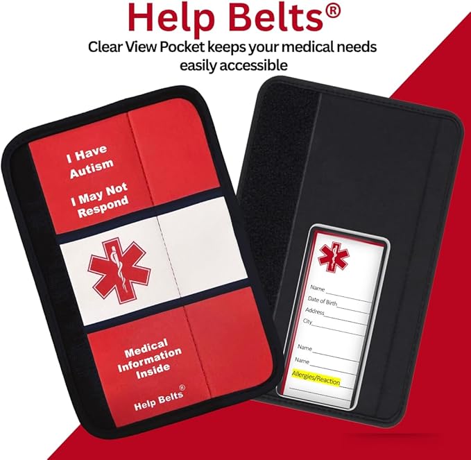 Autism/May Not Respond Awareness Medical Alert Seatbelt Cover for Kids and Adults with Emergency Information Form and Pocket by Help Belts (Red, 9 Inch Full)