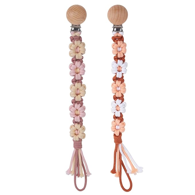 Pacifier Clip for Boys Girls Floral Daisy Macrame Baby Paci Clip Pacifier Holder Leash Boho Wooden Clips Handmade Braided Cotton Binky Clips (2pack:Caramel Style × 2)