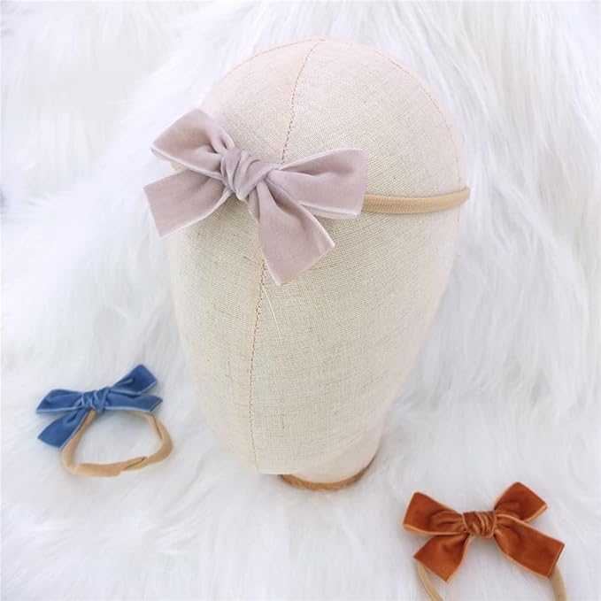 Sugarmelon Velvet Bow Soft Stretchy Headbands for Newborn Infant Toddlers Hair Bow Elastic Bands Baby Girls Nylon Hairband (3.2'' Ambrosia 24 PCS)