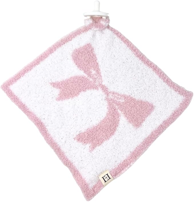 L+L USA Bow Baby Lovey Pacifier/Teether Holder 10"x10" - DreamSoft Plush Fluffy Cuddly Soothie Reversible Mini Comfort Blanket - Cute Girly Newborn Gift Essential for Babies Girls (Pink/White)