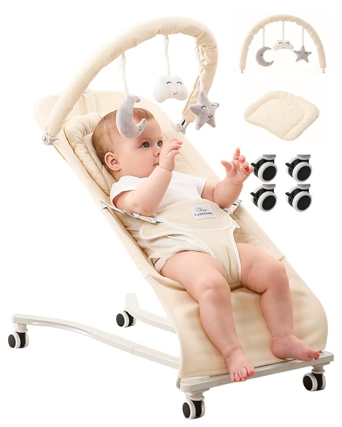 Cuddobaby Baby Bouncer Weelable |100% Cotton, Head Support Cushion| Soft Plushies, 3-Level Adjustable Bouncer Seat for Babies 0-12 Months, Bouncy Chair up to 20Lbs, Baby Shower - Oat
