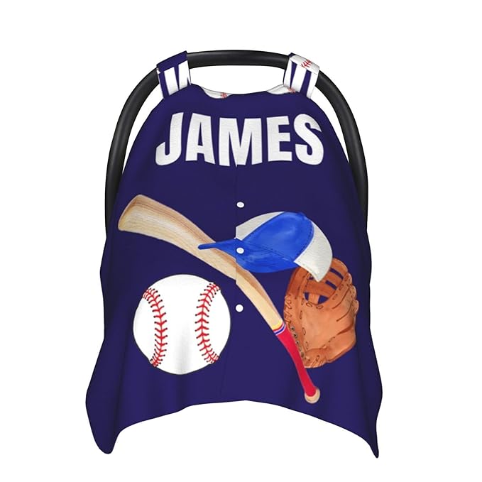 Personalized Baseball Baby Car Seat Canopy with Name – Custom Minky Nursing Cover with Opening, Infant Carseat Canopy for Newborn Boys Girls Baby Gift