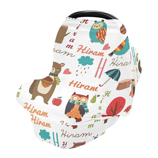 Personalized Name Car Seat Covers for Baby Girl Boy, Customized Infant Summer Carseat Sun Shade Cover, Breathable Stroller Canopy, Newborn Nursing Cover Breastfeeding Scarf, Jungle Animal
