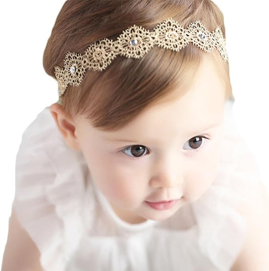 DANMY Baby Girl Super Elastic Headband,Cotton Lace Toddler Hair Band,Infant Soft Turban Hair Accessories Set (gold 1pcs)