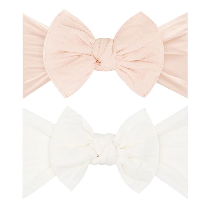 Baby Bling Bows - Newborn to Little Baby Girl Bows, 2 Pack Nylon Super Soft Stretchy Knot Toddler Headbands, Perfect Hair Accessories Head Bands for Infant Kids(Petal & Ivory)