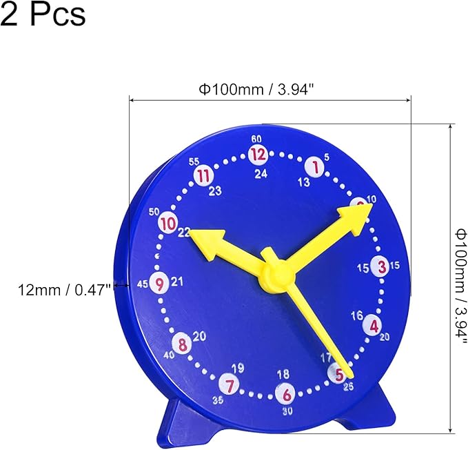PATIKIL 4 inch Teaching Clock, 2 Pack Learn Clock Learning Tell Time Analog Clock Demonstration Clock 24 Hour 3 Pointers Geared Movement for Classroom Teacher, Blue