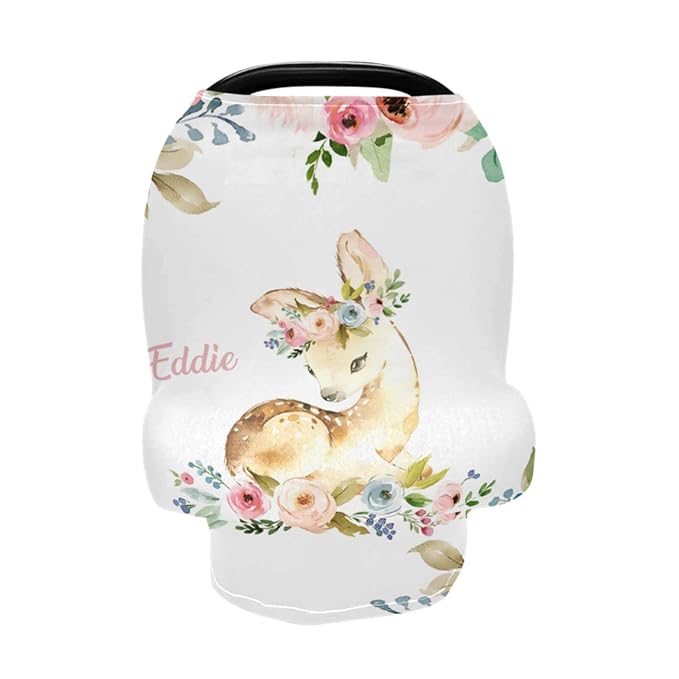 Personalized Baby Car Seat Covers with Name, Custom Nursing Cover Breastfeeding for Babies, Carseat Canopy for Girls and Boys, Infant Stroller Cover for Winter, Breathable Carseats Cover (Floral Deer)