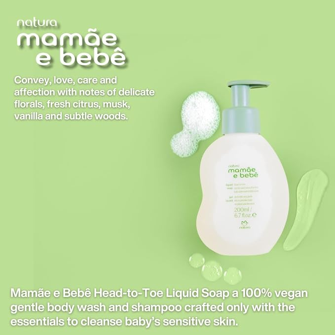 Natura - Mamãe e Bebê Baby Head to Toe Liquid Soap with Refill - Multipurpose Wash - 100% Vegan - 98.5% Natural Origin - All Skin Types - Cruelty Free - Baby Essentials - 6.7 fl oz (200ml)