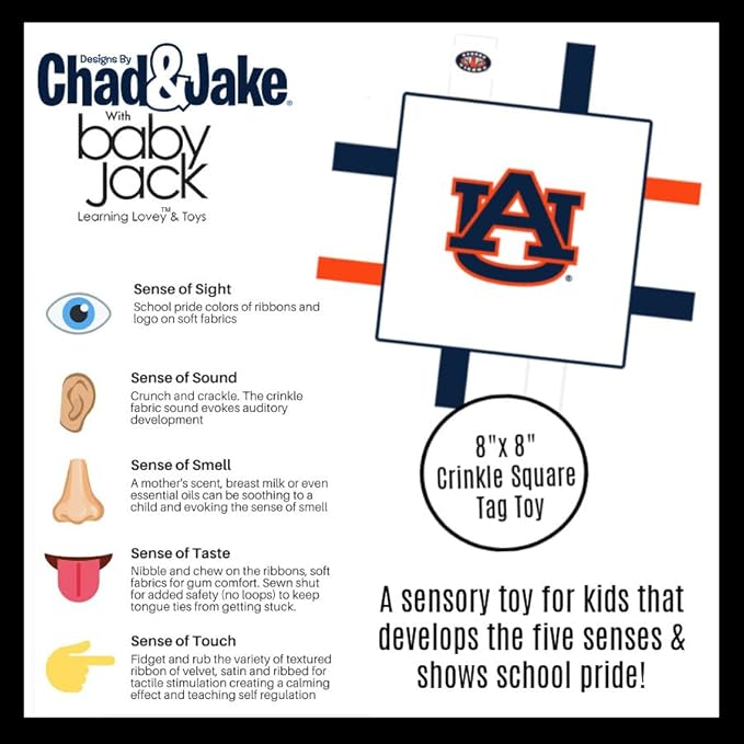 The Learning Lovey Auburn University Baby Tag Toy - College Football Basketball - Sensory Crinkle Toys - Soft & Safe - Ideal Stroller Toy - BPA Free w/Stroller Clip