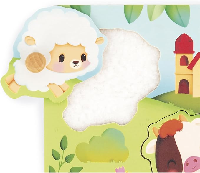 Janod - 5-Piece Wooden Tactile Puzzle - Farm Theme - Interlocking Puzzle with Textures - Educational Game - Touch, Fine Motor Skills and Concentration - from 18 Months, J07129