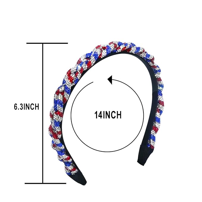 4th of July Rhinestone Headbands for Women Girls Stripes Twist Hairband for Girls Red Blue White Rhinestone Sparkle Head Band Patriotic Hair Accessories