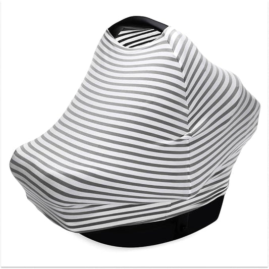 Parker Baby 4 in 1 Car Seat Cover for Girls and Boys - Stretchy Carseat Canopy, Nursing Cover, Grocery Cart Cover, High Chair Cover - Gray/White Stripes